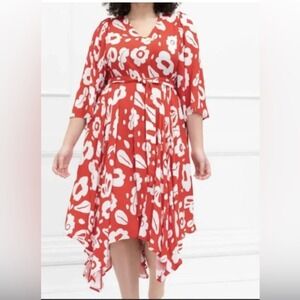 Eloquii Dress New Plus Sz 22 Bold Floral Short Sleeve Red Asymmetrical Hem